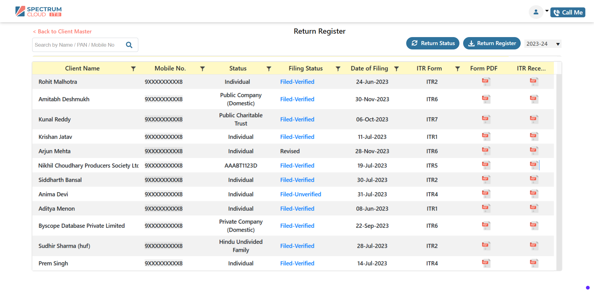 ITR Return Register Dashboard